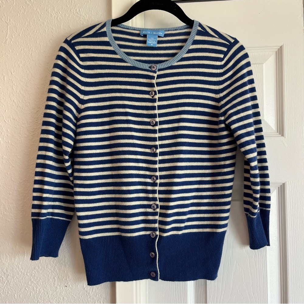 EUC WHITE+WARREN 100% Cashmere Nautical Stripe 3/4 Sleeve Cardigan Sweater